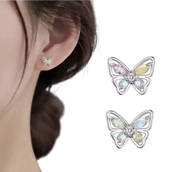 925 Sterling Silver Butterflies CZ Stud Earrings - Picture 9 of 14